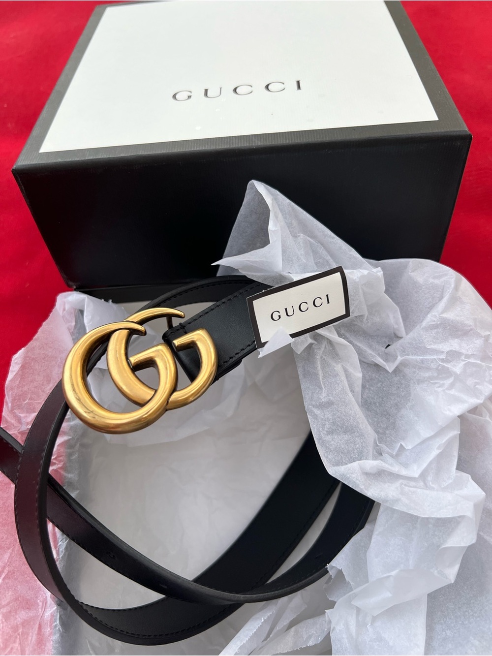 Gucci Black Leather Belt with Gold Double G Interlocking Buckle- brand new!